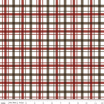 Image of Covered Bridges in Winter Plaid Barn Red quilting cotton fabric by Tara Reed for Riley Blake Designs. Features plaid on a white and red background. Cute Little Fabric Shop.