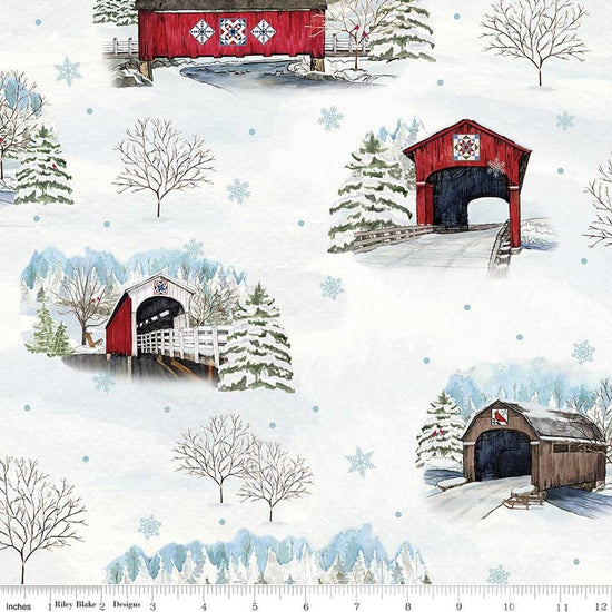 Image of Covered Bridges in Winter Main Snow quilting cotton fabric by Tara Reed for Riley Blake Designs. Features trees on a white background. Cute Little Fabric Shop.