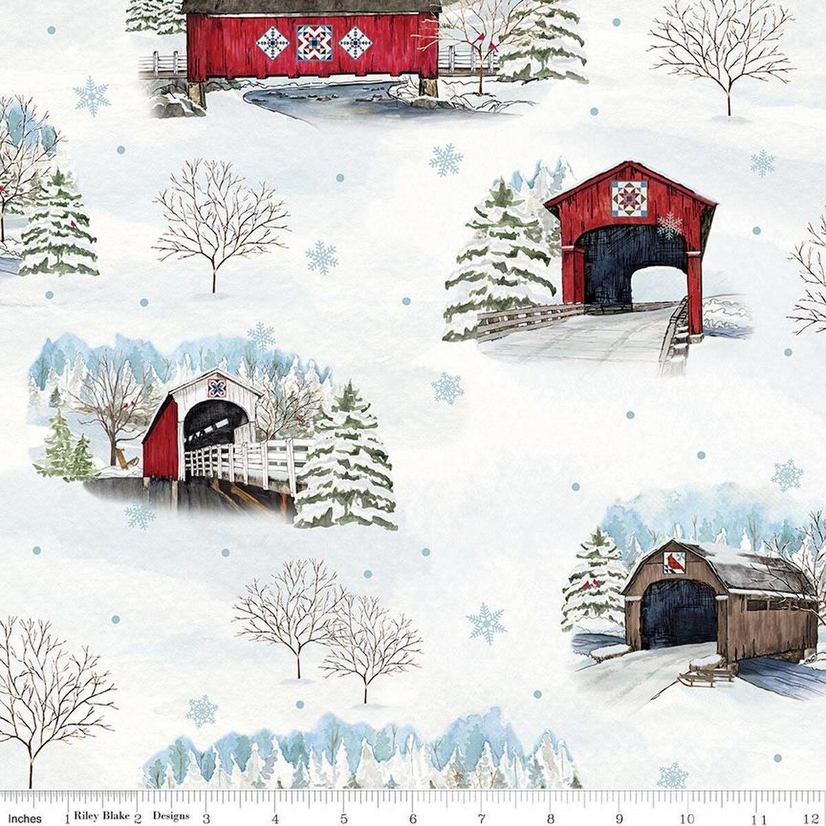 Image of Covered Bridges in Winter Main Snow quilting cotton fabric by Tara Reed for Riley Blake Designs. Features trees on a white background. Cute Little Fabric Shop.
