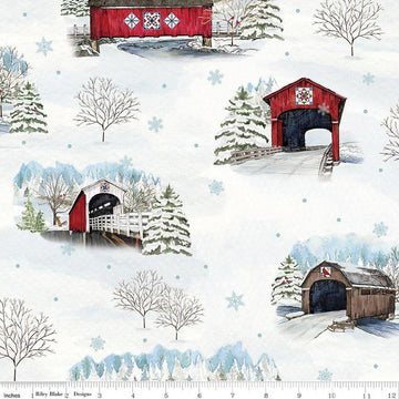 Image of Covered Bridges in Winter Main Snow quilting cotton fabric by Tara Reed for Riley Blake Designs. Features trees on a white background. Cute Little Fabric Shop.