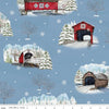 Image of Covered Bridges in Winter Main Blue quilting cotton fabric by Tara Reed for Riley Blake Designs. Features trees on a blue background. Cute Little Fabric Shop.