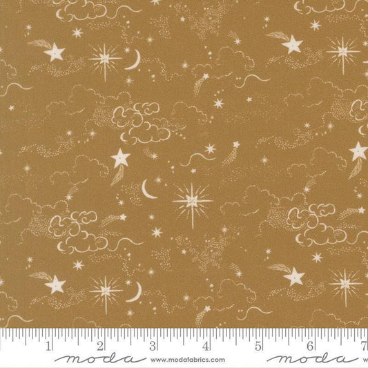 Image of Silent Night Holy Night Skies North Star quilting cotton fabric by Watercolour Heart for Moda Fabrics. Features stars on a gold background. Cute Little Fabric Shop.