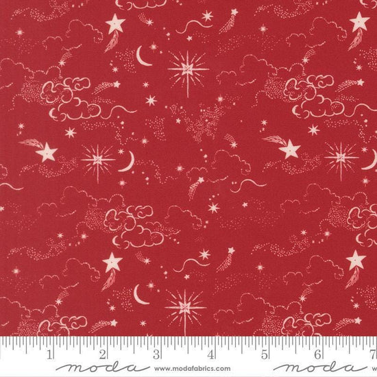 Image of Silent Night Holy Night Skies Crimson quilting cotton fabric by Watercolour Heart for Moda Fabrics. Features stars on a red background. Cute Little Fabric Shop.