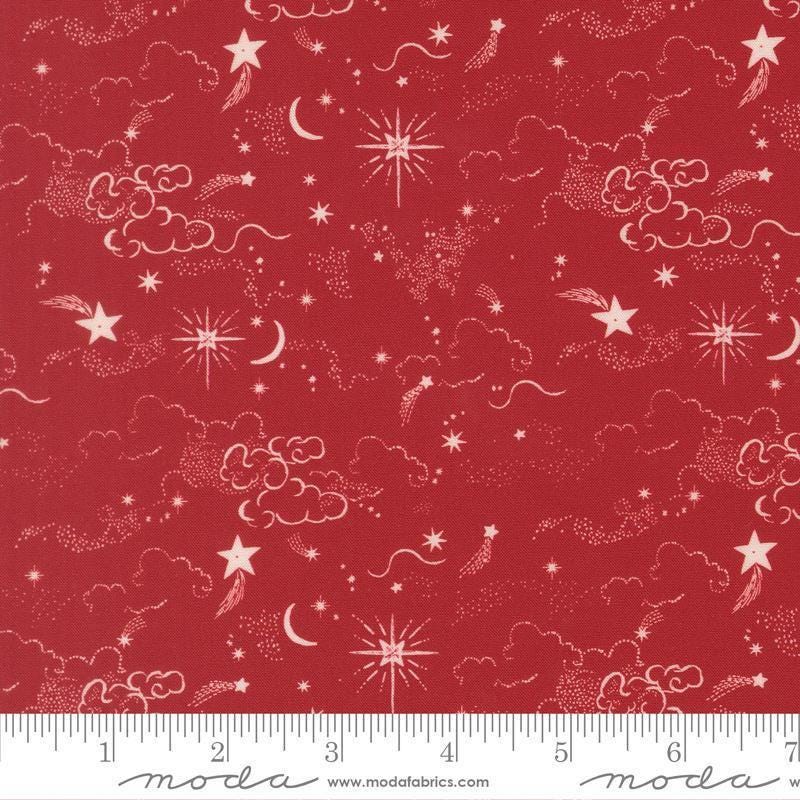 Image of Silent Night Holy Night Skies Crimson quilting cotton fabric by Watercolour Heart for Moda Fabrics. Features stars on a red background. Cute Little Fabric Shop.