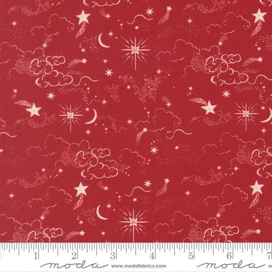 Image of Silent Night Holy Night Skies Crimson quilting cotton fabric by Watercolour Heart for Moda Fabrics. Features stars on a red background. Cute Little Fabric Shop.