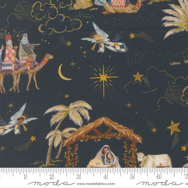 Image of Silent Night Landscape Holy Night quilting cotton fabric by Watercolour Heart for Moda Fabrics. Features nativity scenes on a black background. Cute Little Fabric Shop.