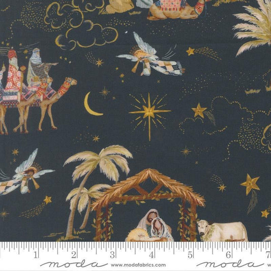 Image of Silent Night Landscape Holy Night quilting cotton fabric by Watercolour Heart for Moda Fabrics. Features nativity scenes on a black background. Cute Little Fabric Shop.