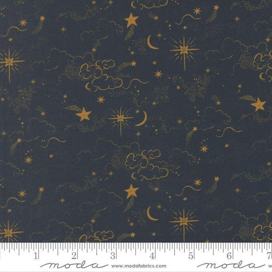 Image of Silent Night Holy Night Skies Holy Night quilting cotton fabric by Watercolour Heart for Moda Fabrics. Features stars on a black background. Cute Little Fabric Shop.