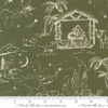 Image of Silent Night Guided by a Star Holly quilting cotton fabric by Watercolour Heart for Moda Fabrics. Features nativity scenes on a green background. Cute Little Fabric Shop.