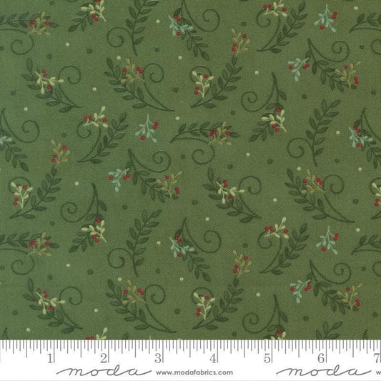 Image of When Snow Falls Tossed Greenery Evergreen quilting cotton fabric by Deb Strain for Moda Fabrics. Features leaves on a green background. Cute Little Fabric Shop.