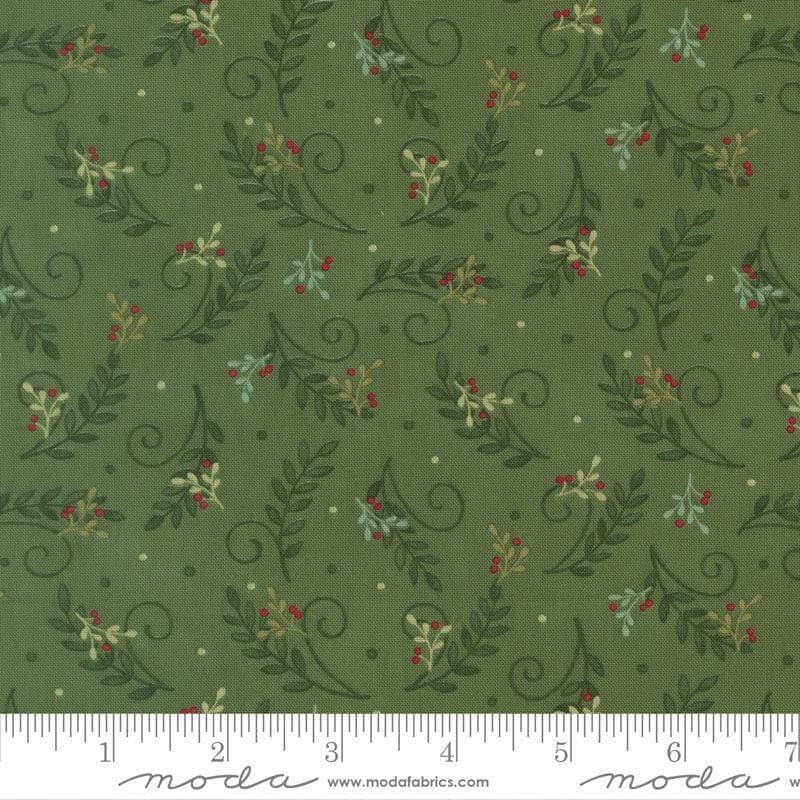 Image of When Snow Falls Tossed Greenery Evergreen quilting cotton fabric by Deb Strain for Moda Fabrics. Features leaves on a green background. Cute Little Fabric Shop.