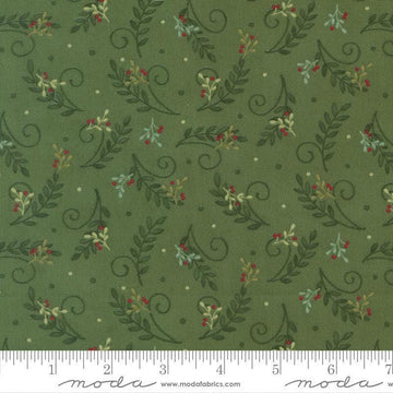 Image of When Snow Falls Tossed Greenery Evergreen quilting cotton fabric by Deb Strain for Moda Fabrics. Features leaves on a green background. Cute Little Fabric Shop.