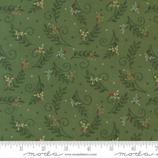Image of When Snow Falls Tossed Greenery Evergreen quilting cotton fabric by Deb Strain for Moda Fabrics. Features leaves on a green background. Cute Little Fabric Shop.