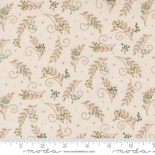 Image of When Snow Falls Tossed Greenery Snowy White quilting cotton fabric by Deb Strain for Moda Fabrics. Features leaves on a cream background. Cute Little Fabric Shop.
