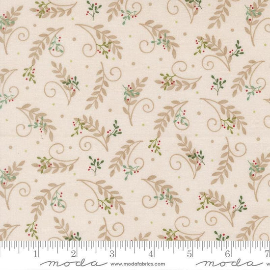 Image of When Snow Falls Tossed Greenery Snowy White quilting cotton fabric by Deb Strain for Moda Fabrics. Features leaves on a cream background. Cute Little Fabric Shop.
