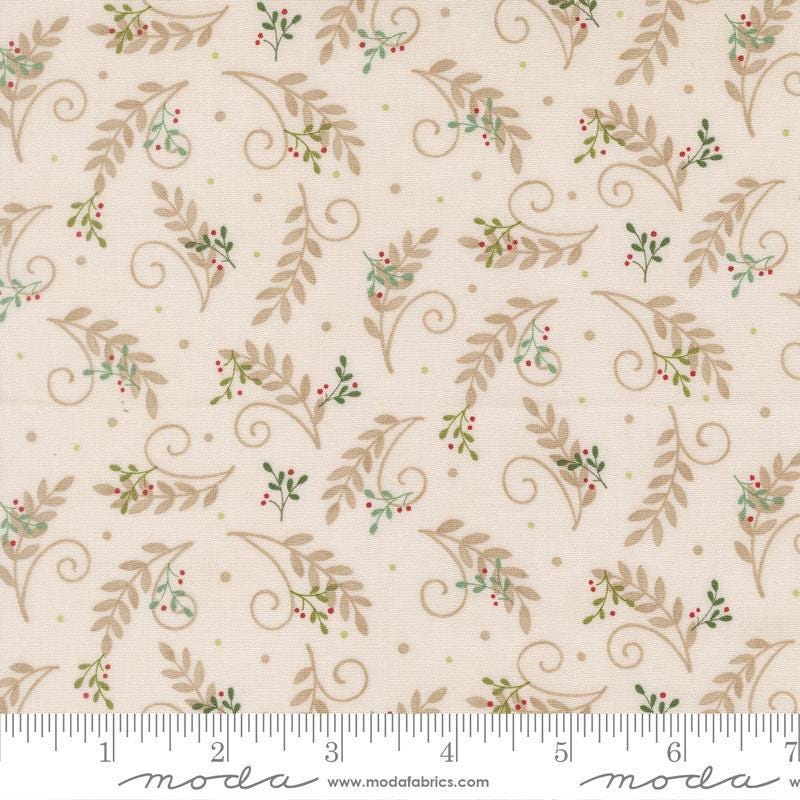 Image of When Snow Falls Tossed Greenery Snowy White quilting cotton fabric by Deb Strain for Moda Fabrics. Features leaves on a cream background. Cute Little Fabric Shop.