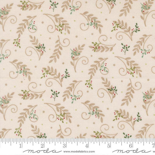 Image of When Snow Falls Tossed Greenery Snowy White quilting cotton fabric by Deb Strain for Moda Fabrics. Features leaves on a cream background. Cute Little Fabric Shop.