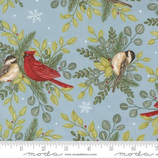 Image of When Snow Falls Winter Birds Winter Sky quilting cotton fabric by Deb Strain for Moda Fabrics. Features birds and leaves on a blue background. Cute Little Fabric Shop.