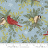 Image of When Snow Falls Winter Birds Winter Sky quilting cotton fabric by Deb Strain for Moda Fabrics. Features birds and leaves on a blue background. Cute Little Fabric Shop.