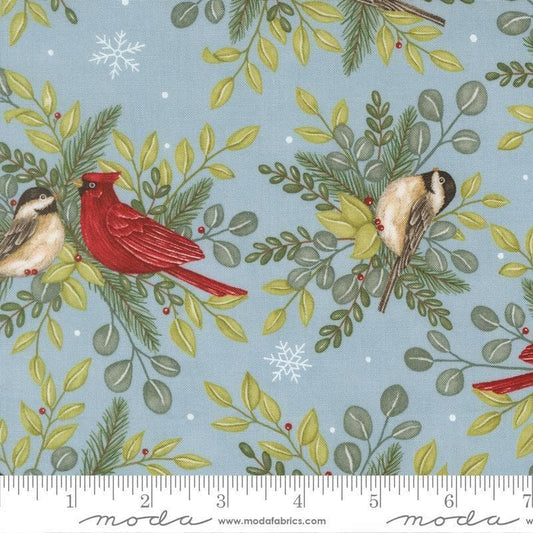 Image of When Snow Falls Winter Birds Winter Sky quilting cotton fabric by Deb Strain for Moda Fabrics. Features birds and leaves on a blue background. Cute Little Fabric Shop.