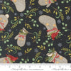 Image of When Snow Falls Winter Wear Night Sky quilting cotton fabric by Deb Strain for Moda Fabrics. Features stockings, mittens, and leaves on a blue background. Cute Little Fabric Shop.