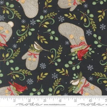 Image of When Snow Falls Winter Wear Night Sky quilting cotton fabric by Deb Strain for Moda Fabrics. Features stockings, mittens, and leaves on a blue background. Cute Little Fabric Shop.