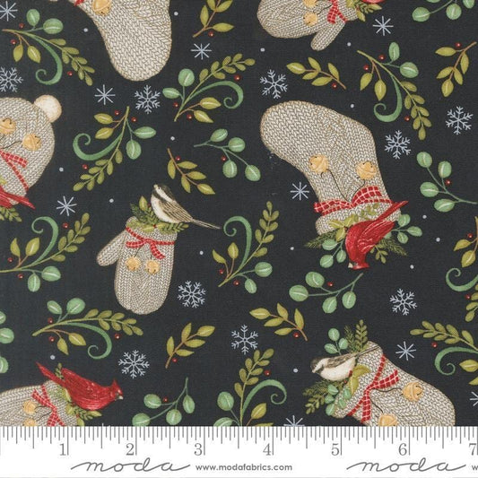 Image of When Snow Falls Winter Wear Night Sky quilting cotton fabric by Deb Strain for Moda Fabrics. Features stockings, mittens, and leaves on a blue background. Cute Little Fabric Shop.