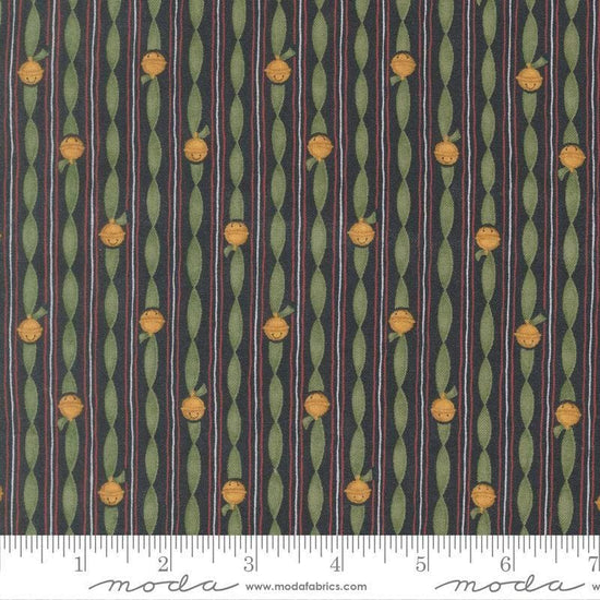 Image of When Snow Falls Jingle Bell Stripe Night Sky quilting cotton fabric by Deb Strain for Moda Fabrics. Features stripes on a blue and green background. Cute Little Fabric Shop.