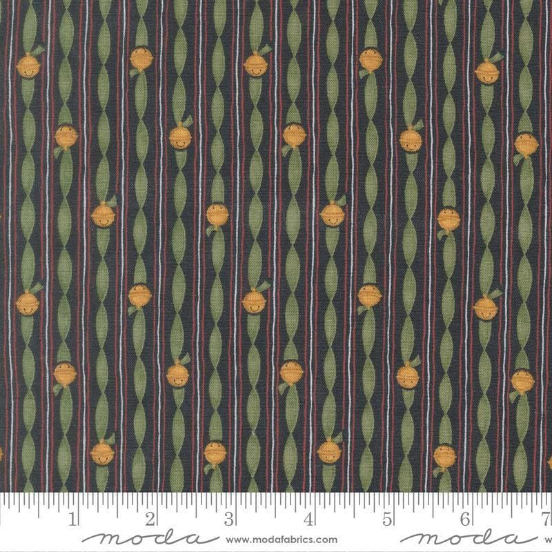 Image of When Snow Falls Jingle Bell Stripe Night Sky quilting cotton fabric by Deb Strain for Moda Fabrics. Features stripes on a blue and green background. Cute Little Fabric Shop.