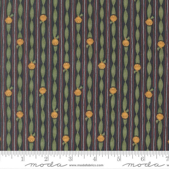 Image of When Snow Falls Jingle Bell Stripe Night Sky quilting cotton fabric by Deb Strain for Moda Fabrics. Features stripes on a blue and green background. Cute Little Fabric Shop.