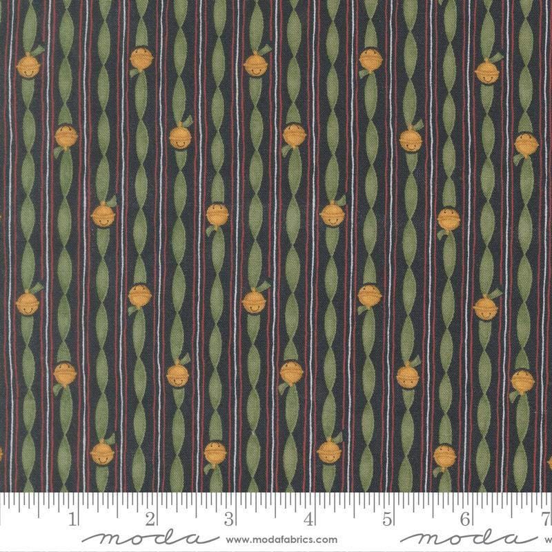 Image of When Snow Falls Jingle Bell Stripe Night Sky quilting cotton fabric by Deb Strain for Moda Fabrics. Features stripes on a blue and green background. Cute Little Fabric Shop.