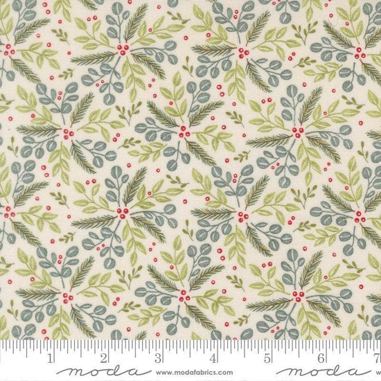 Image of When Snow Falls Winter Greenery Snowy White quilting cotton fabric by Deb Strain for Moda Fabrics. Features leaves on a cream background. Cute Little Fabric Shop.
