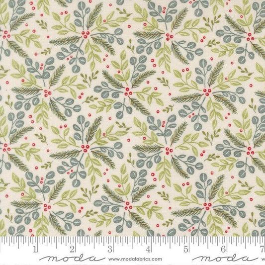 Image of When Snow Falls Winter Greenery Snowy White quilting cotton fabric by Deb Strain for Moda Fabrics. Features leaves on a cream background. Cute Little Fabric Shop.