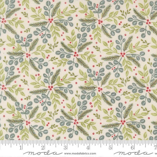 Image of When Snow Falls Winter Greenery Snowy White quilting cotton fabric by Deb Strain for Moda Fabrics. Features leaves on a cream background. Cute Little Fabric Shop.