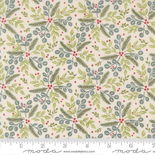 Image of When Snow Falls Winter Greenery Snowy White quilting cotton fabric by Deb Strain for Moda Fabrics. Features leaves on a cream background. Cute Little Fabric Shop.