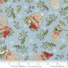 Image of When Snow Falls Winter Wear Winter Sky quilting cotton fabric by Deb Strain for Moda Fabrics. Features stockings, mittens, and leaves on a blue background. Cute Little Fabric Shop.