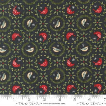 Image of When Snow Falls Tiny Birds in Wreaths Night Sky quilting cotton fabric by Deb Strain for Moda Fabrics. Features birds on a blue background. Cute Little Fabric Shop.