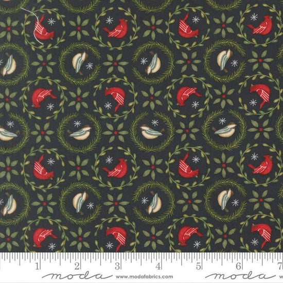 Image of When Snow Falls Tiny Birds in Wreaths Night Sky quilting cotton fabric by Deb Strain for Moda Fabrics. Features birds on a blue background. Cute Little Fabric Shop.