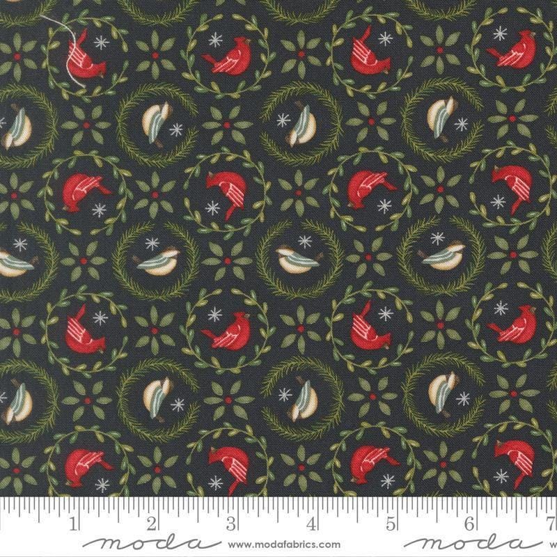 Image of When Snow Falls Tiny Birds in Wreaths Night Sky quilting cotton fabric by Deb Strain for Moda Fabrics. Features birds on a blue background. Cute Little Fabric Shop.