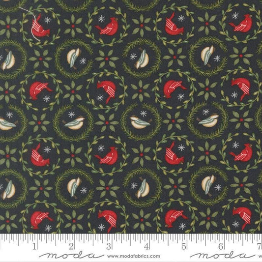 Image of When Snow Falls Tiny Birds in Wreaths Night Sky quilting cotton fabric by Deb Strain for Moda Fabrics. Features birds on a blue background. Cute Little Fabric Shop.