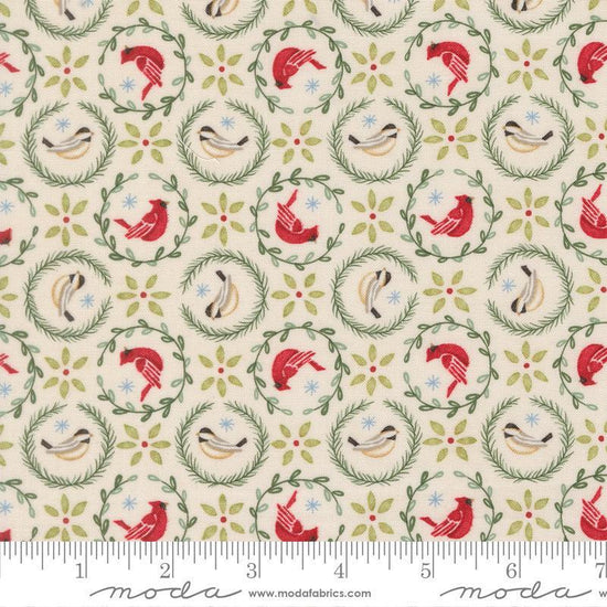 Image of When Snow Falls Tiny Birds in Wreaths Snowy White quilting cotton fabric by Deb Strain for Moda Fabrics. Features birds on a cream background. Cute Little Fabric Shop.