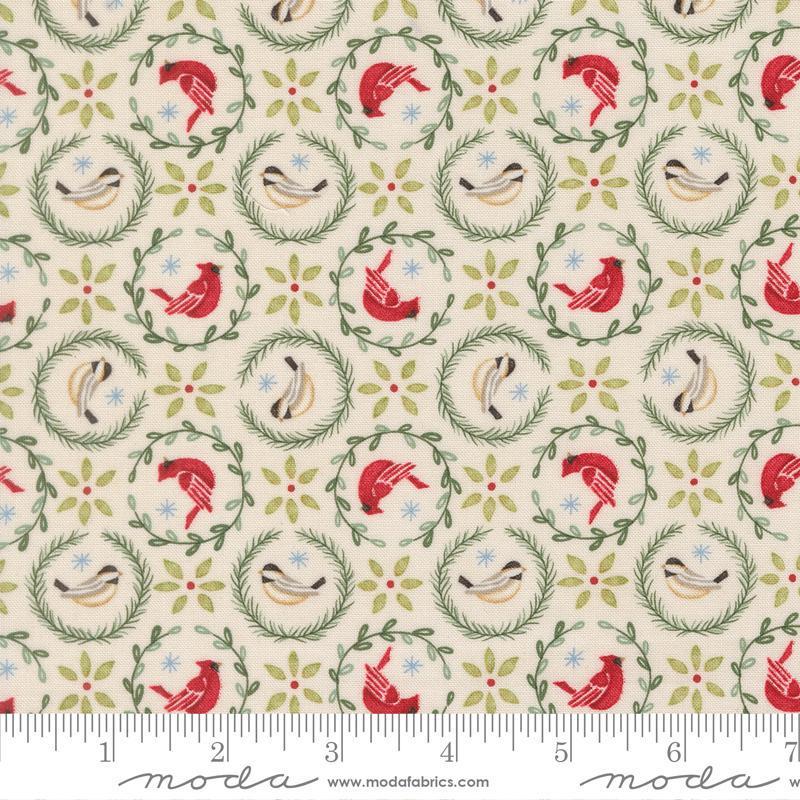 Image of When Snow Falls Tiny Birds in Wreaths Snowy White quilting cotton fabric by Deb Strain for Moda Fabrics. Features birds on a cream background. Cute Little Fabric Shop.