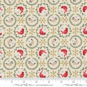 Image of When Snow Falls Tiny Birds in Wreaths Snowy White quilting cotton fabric by Deb Strain for Moda Fabrics. Features birds on a cream background. Cute Little Fabric Shop.