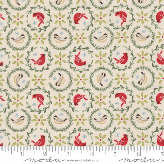 Image of When Snow Falls Tiny Birds in Wreaths Snowy White quilting cotton fabric by Deb Strain for Moda Fabrics. Features birds on a cream background. Cute Little Fabric Shop.