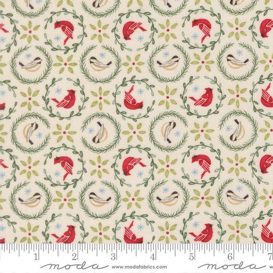 Image of When Snow Falls Tiny Birds in Wreaths Snowy White quilting cotton fabric by Deb Strain for Moda Fabrics. Features birds on a cream background. Cute Little Fabric Shop.
