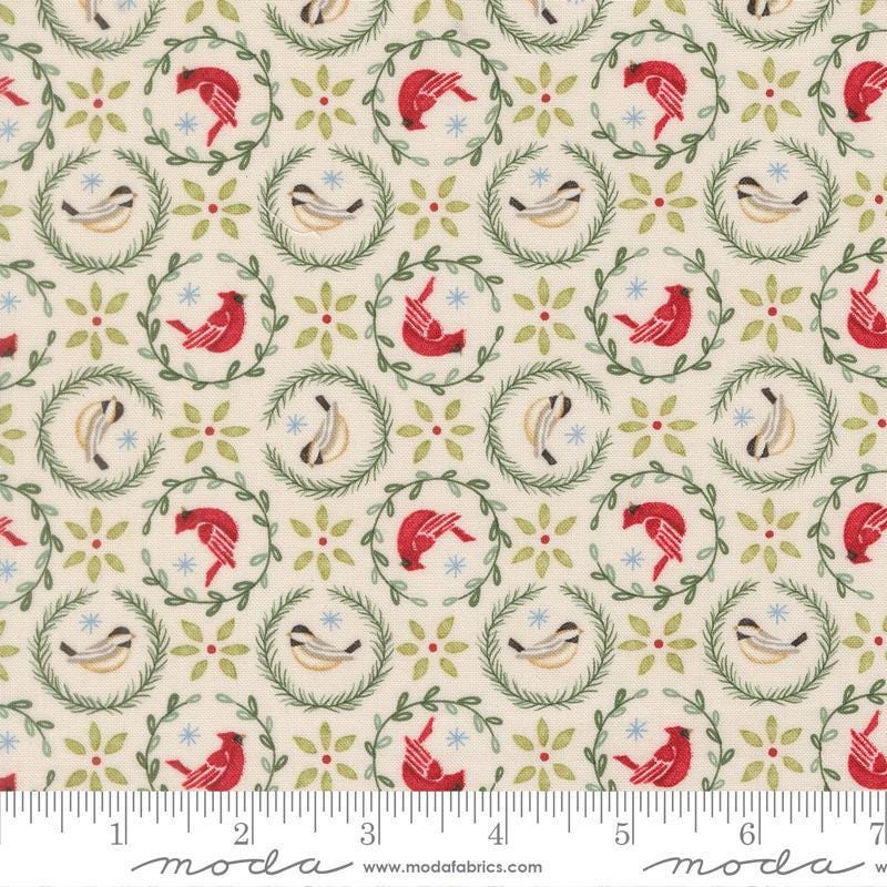 Image of When Snow Falls Tiny Birds in Wreaths Snowy White quilting cotton fabric by Deb Strain for Moda Fabrics. Features birds on a cream background. Cute Little Fabric Shop.