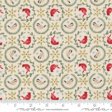 Image of When Snow Falls Tiny Birds in Wreaths Snowy White quilting cotton fabric by Deb Strain for Moda Fabrics. Features birds on a cream background. Cute Little Fabric Shop.