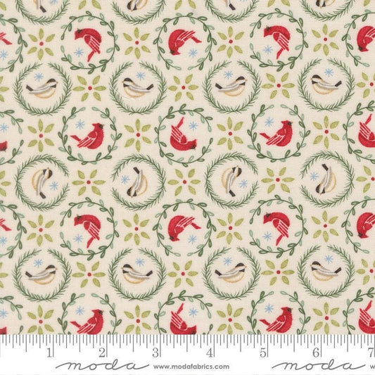 Image of When Snow Falls Tiny Birds in Wreaths Snowy White quilting cotton fabric by Deb Strain for Moda Fabrics. Features birds on a cream background. Cute Little Fabric Shop.