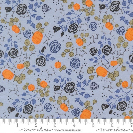 Image of Coven Small Garden Sky quilting cotton fabric by Robin Pickens for Moda Fabrics. Features flowers on a blue background. Cute Little Fabric Shop.
