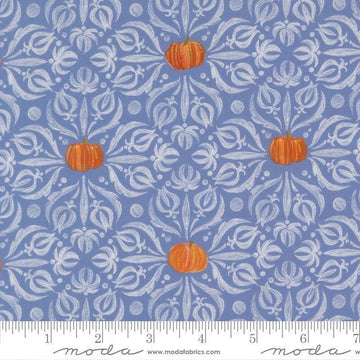Image of Coven Medallion Tiles Dusk quilting cotton fabric by Robin Pickens for Moda Fabrics. Features pumpkins and swirls on a blue background. Cute Little Fabric Shop.